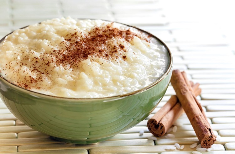 Rice pudding in a bowl with cinnamon